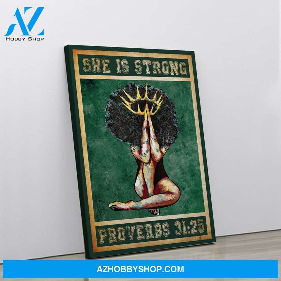 She Is Strong Proverbs 31:25 Black Girl Praying Jesus Vintage Canvas For African American Women