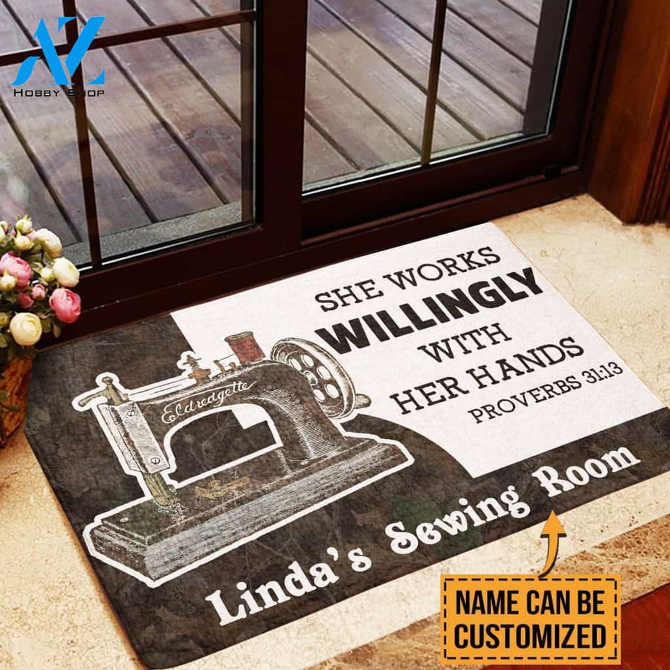 She Works Willingly Sewing Personalized Doormat | Welcome Mat | House Warming Gift