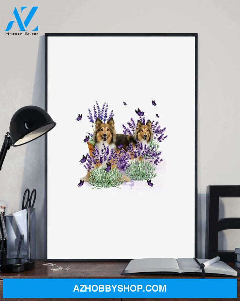 Sheltie with lavender flower poster