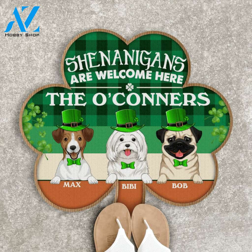 Shenanigans Are Welcome Here, For Patrick's Day, For Dog Lovers - Personalized Shamrock Shaped Doormat