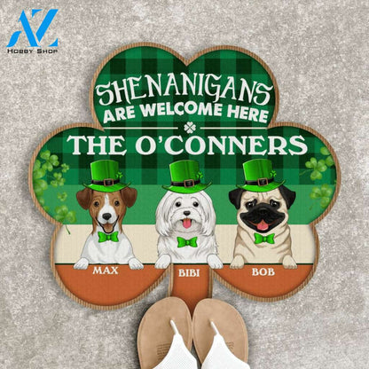 Shenanigans Are Welcome Here, For Patrick's Day, For Dog Lovers - Personalized Shamrock Shaped Doormat
