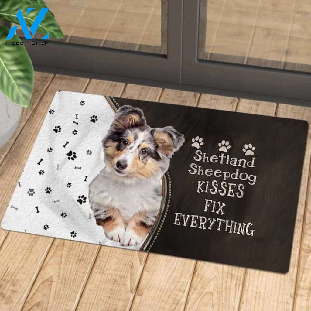 Shetland Sheepdog Doormat, Kisses Fix Everything Doormat, Dog Welcome Mat, Funny Welcome Mats for Dogs Lovers