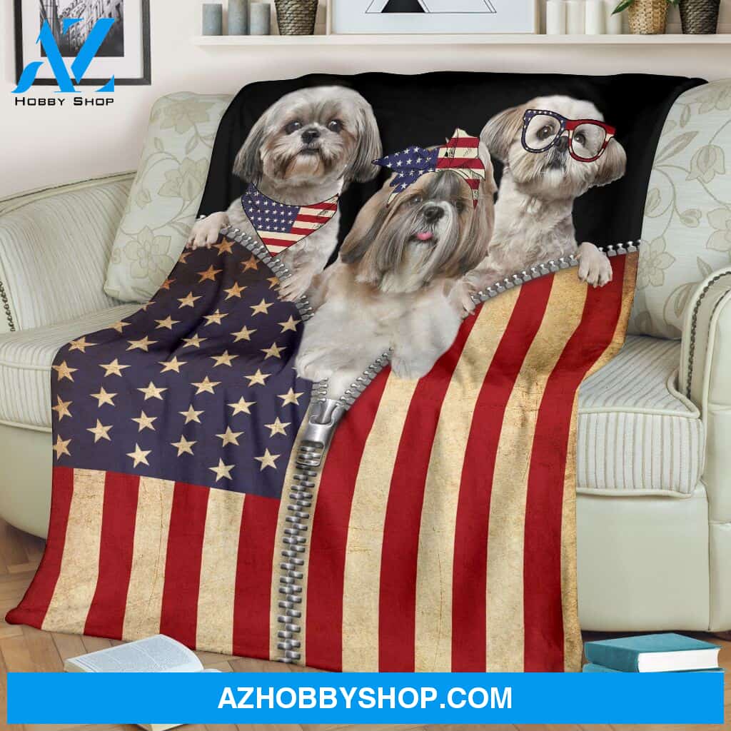 Shih Tzu American Flag Zipper Blanket Gift For Dog Lovers Birthday Gift Home Decor Bedding Couch Sofa Soft and Comfy Cozy