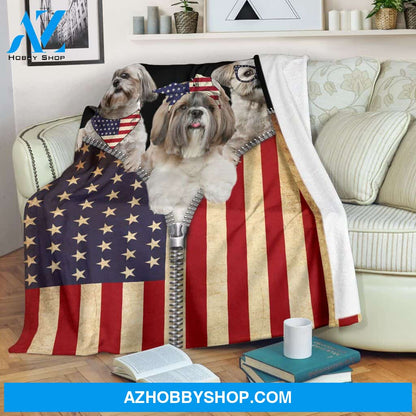Shih Tzu American Flag Zipper Blanket Gift For Dog Lovers Birthday Gift Home Decor Bedding Couch Sofa Soft and Comfy Cozy