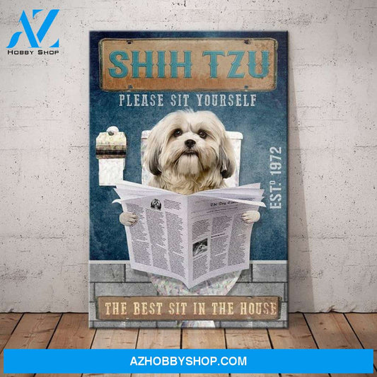 Shih Tzu Dog Bathroom Company Canvas Wall Art, Wall Decor Visual Art
