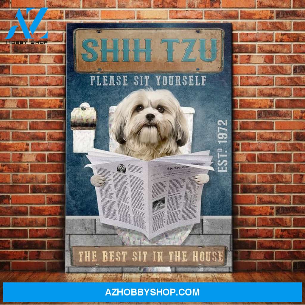 Shih Tzu Dog Bathroom Company Canvas Wall Art, Wall Decor Visual Art