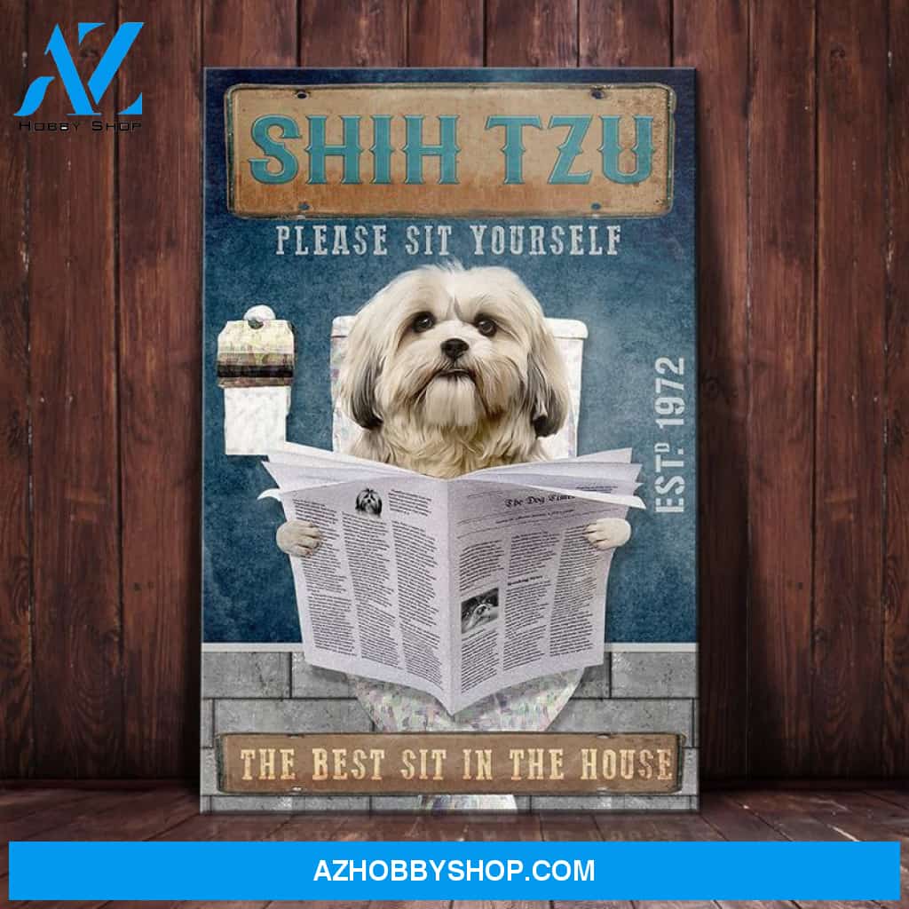 Shih Tzu Dog Bathroom Company Canvas Wall Art, Wall Decor Visual Art