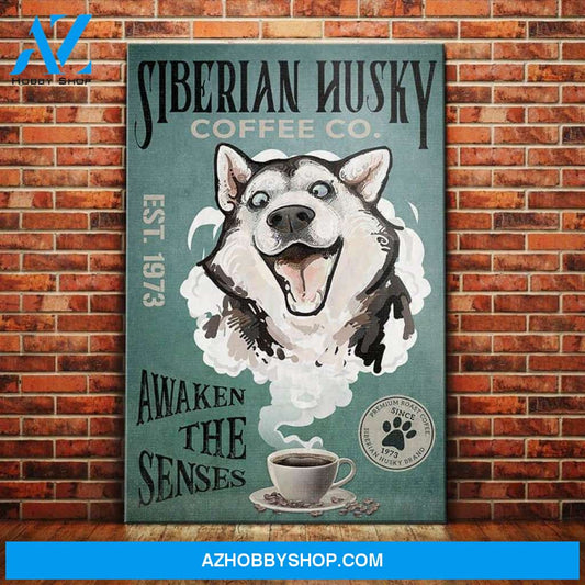 Siberian Husky Dog Coffee Company Canvas Wall Art, Wall Decor Visual Art