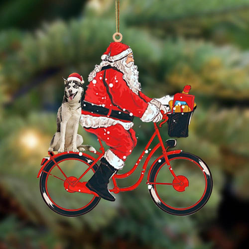 Santa Claus Riding A Bike With Siberian Husky2-Two Sided Ornament