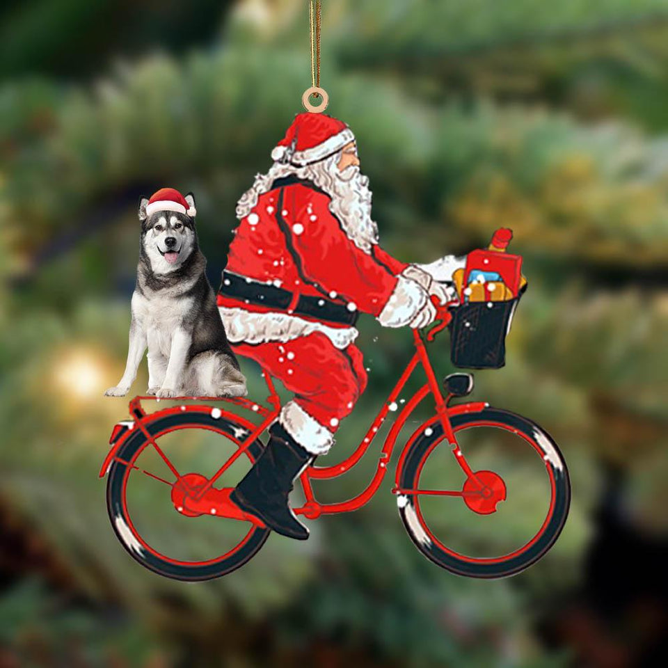 Santa Claus Riding A Bike With Siberian Husky-Two Sided Ornament