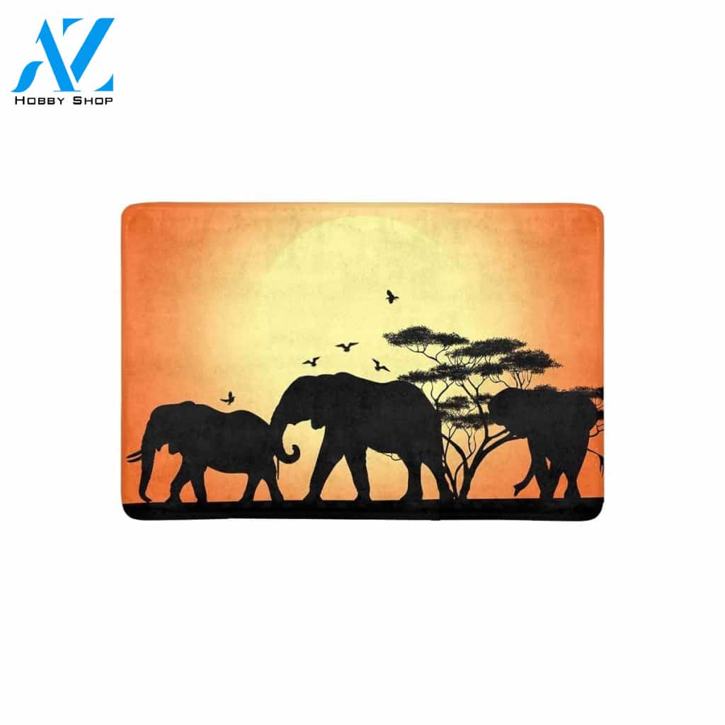 Silhouette Of Elephant And Tree At Sunrise Doormat Welcome Mat House Warming Gift Home Decor Funny Doormat Gift Idea