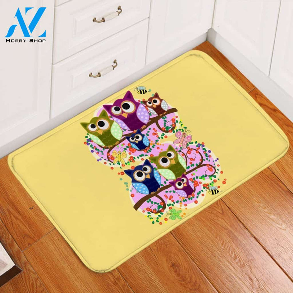 Silly Owls Family On Branch Tree Printed Doormat Home Decor