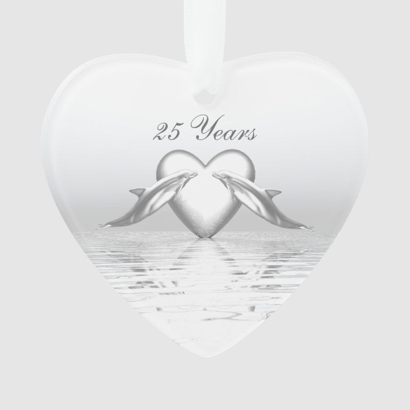 Silver Anniversary Dolphins And Heart Ornament