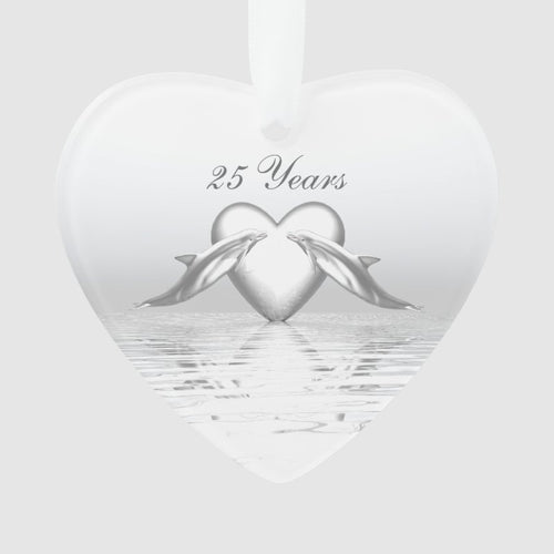 Silver Anniversary Dolphins And Heart Ornament