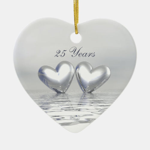 Silver Anniversary Hearts Ceramic Ornament