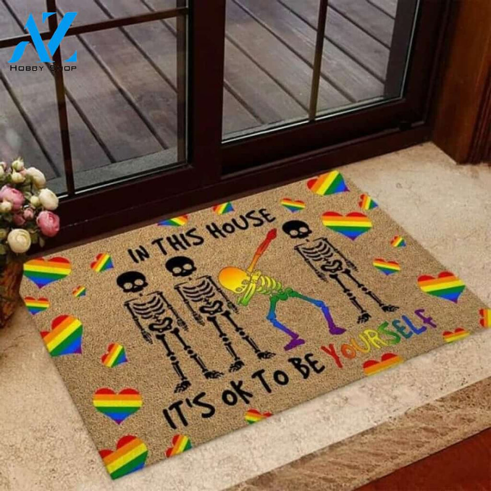 Skeleton In This House It's Ok To Be Yourself Coir Pattern Print LGBT Doormat | Welcome Mat | House Warming Gift
