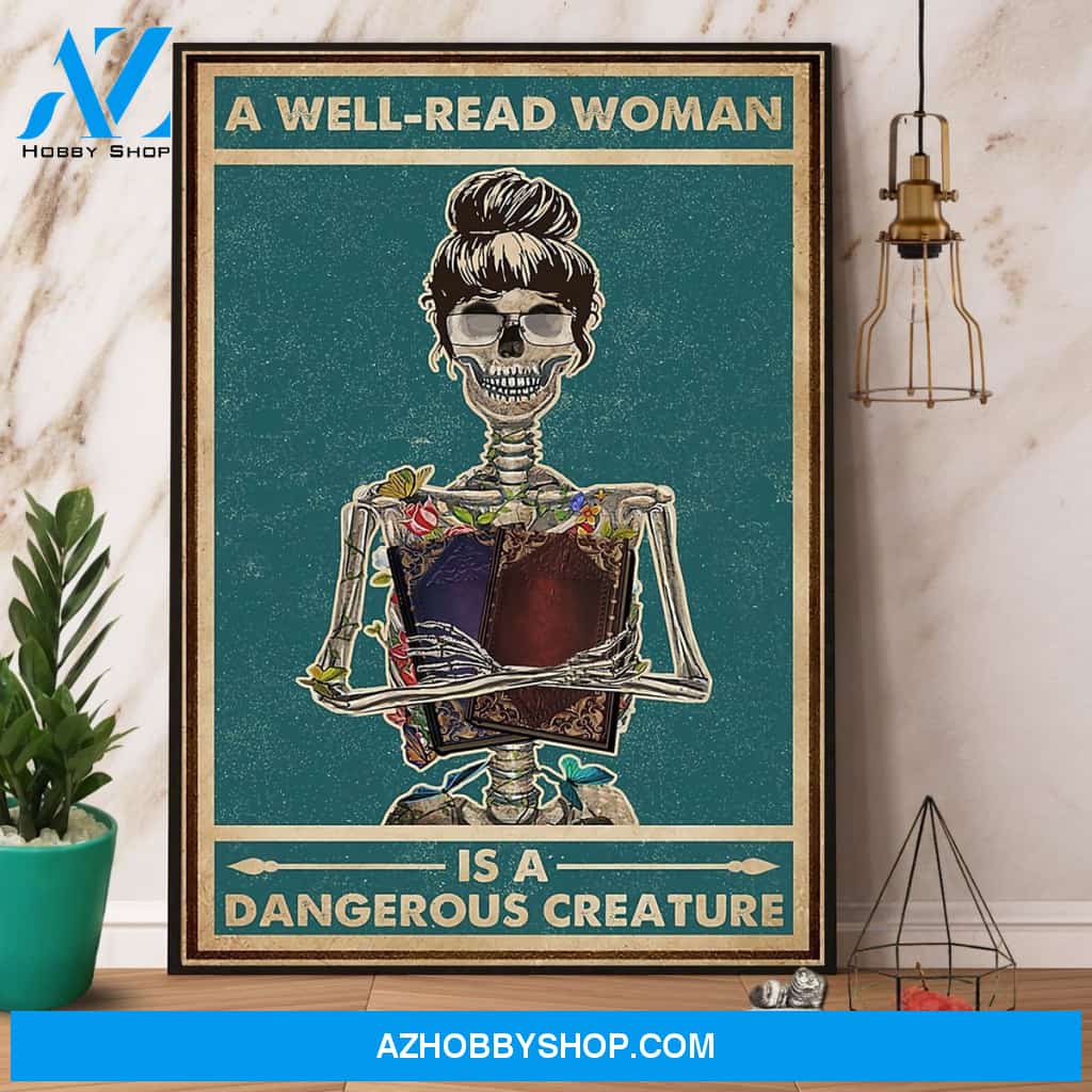 Skeleton Lady & Book A Well-Read Woman Dangerous Creature Canvas And Poster, Wall Decor Visual Art