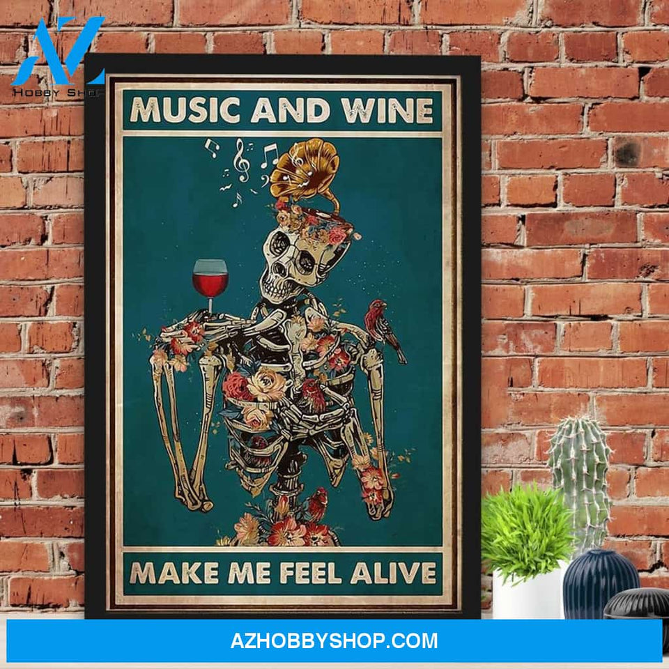 Skeleton Music And Wine Make Me Feel Alive Canvas And Poster, Wall Decor Visual Art, Happy Halloween, Halloween Decoration 1