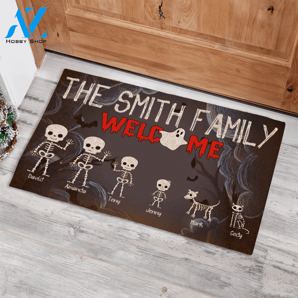Skeleton OLD Family Halloween Personalized Doormat, No Need To Knock We Know You Are Here, Home Sweet Haunted Home, AZ Custom Live Preview AM07