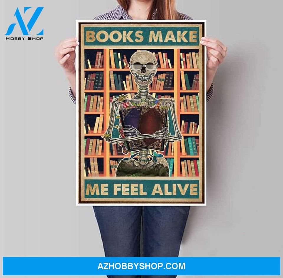 Skeleton Poster, Books Make Me Feel Alive Poster, Skeleton Reading Canvas And Poster, Wall Decor Visual Art, Happy Halloween