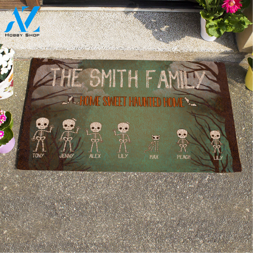 Skeleton Premium Family Halloween Personalized Doormat, No Need To Knock We Know You Are Here, Home Sweet Haunted Home, AZ Custom Live Preview AM07