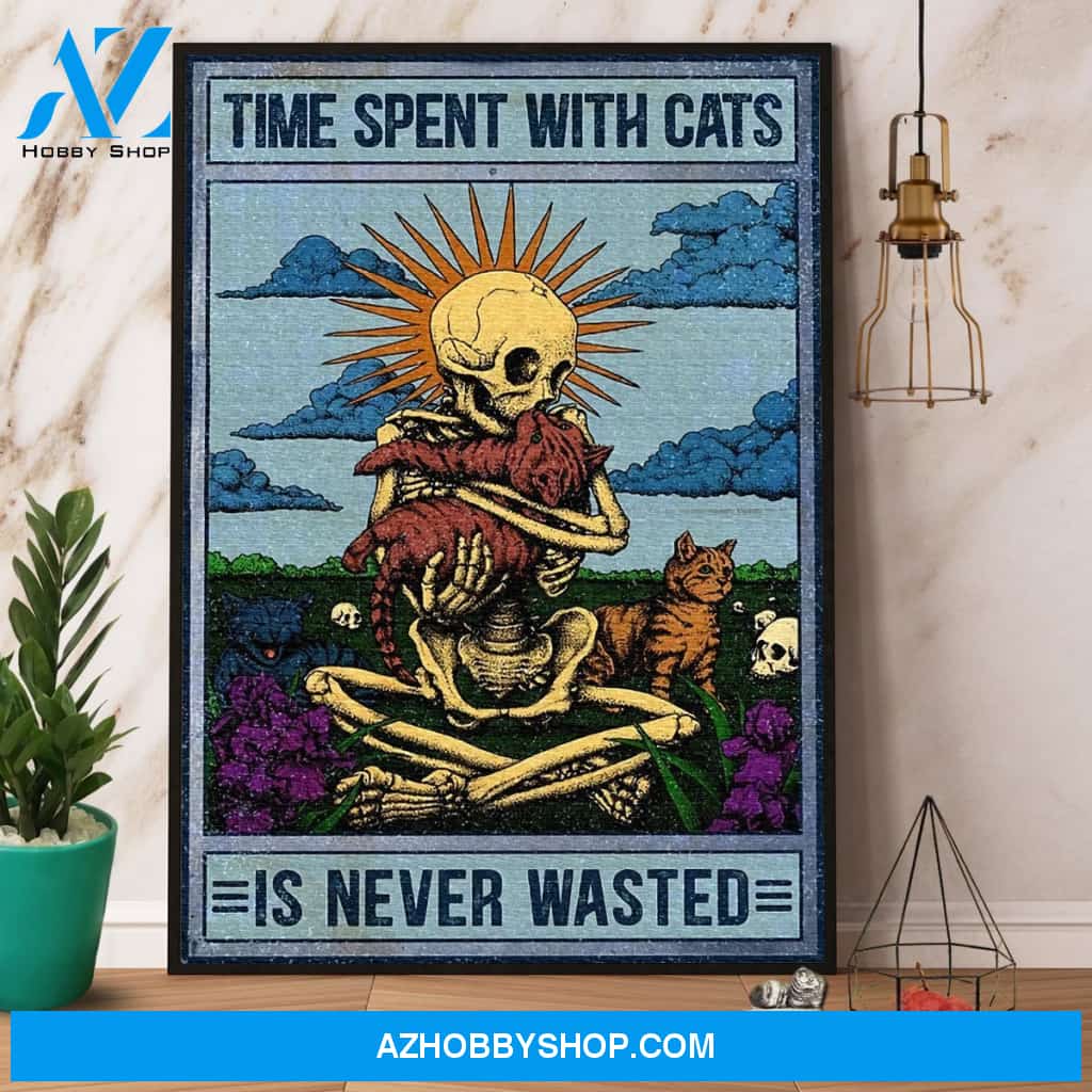 Skeleton Time Spent With Cats Is Never Wasted Canvas And Poster, Wall Decor Visual Art