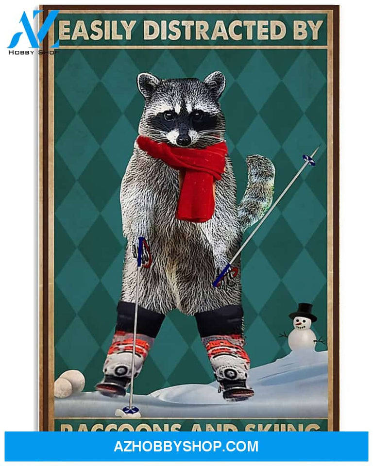 Skiing And Racccoons Vertical Canvas Painting, Wall Decor Visual Art
