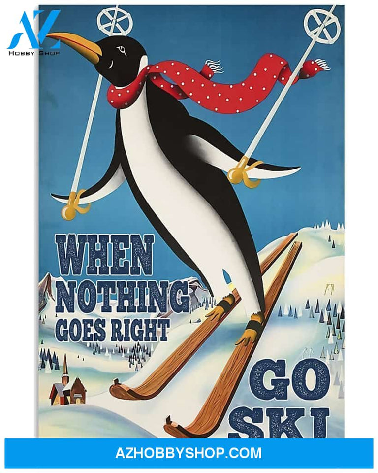 Skiing Penguin Goes Ski Vertical Canvas Painting, Wall Decor Visual Art