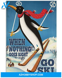 Skiing Penguin Goes Ski Vertical Canvas Painting, Wall Decor Visual Art