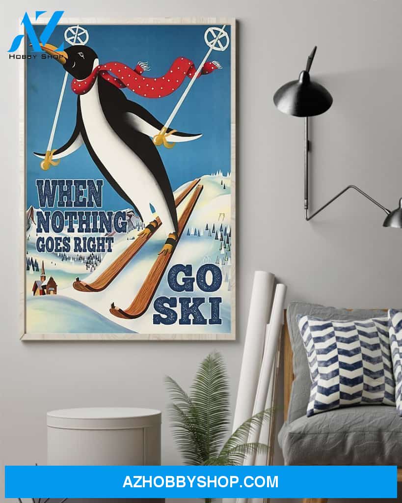 Skiing Penguin Goes Ski Vertical Canvas Painting, Wall Decor Visual Art