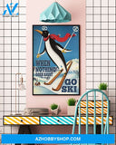 Skiing Penguin Goes Ski Vertical Canvas Painting, Wall Decor Visual Art