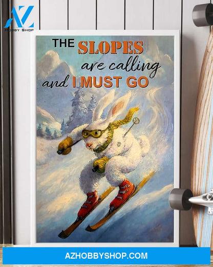 Skiing Rabbit I Must Go Vertical Canvas Painting, Wall Decor Visual Art