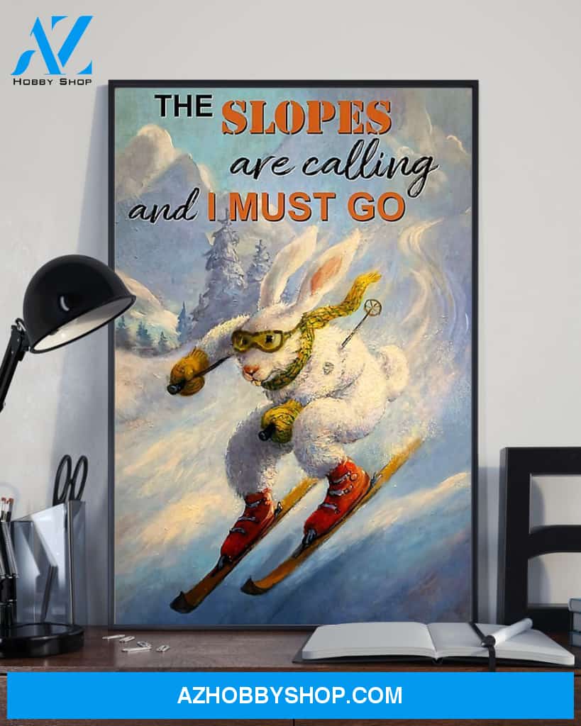 Skiing Rabbit I Must Go Vertical Canvas Painting, Wall Decor Visual Art