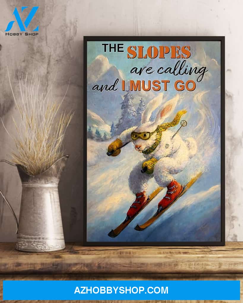 Skiing Rabbit I Must Go Vertical Canvas Painting, Wall Decor Visual Art