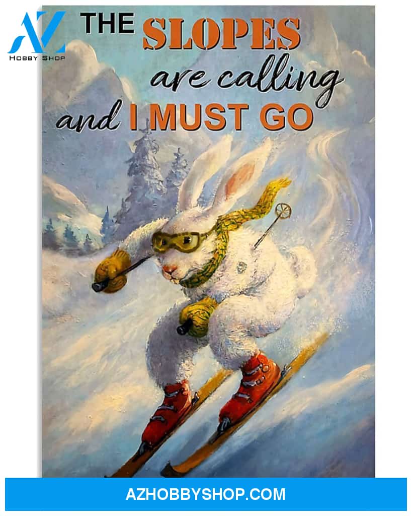 Skiing Rabbit I Must Go Vertical Canvas Painting, Wall Decor Visual Art