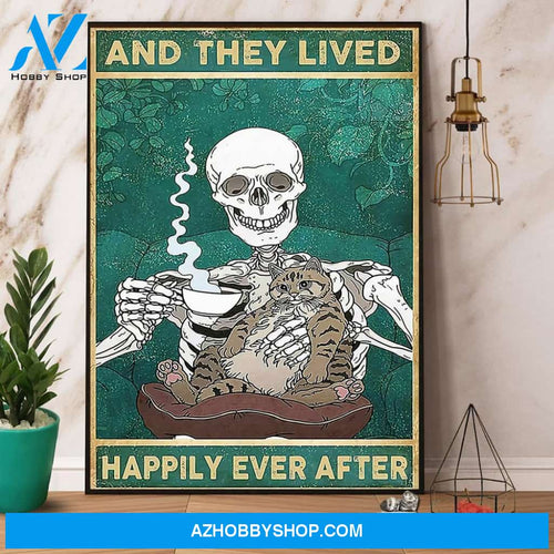 Skull And Cat And They Lived Happily Ever After Canvas And Poster, Wall Decor Visual Art