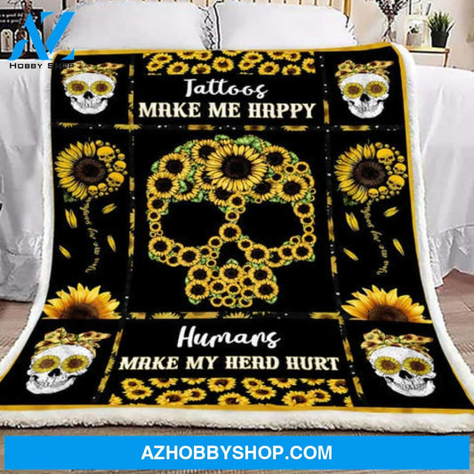 Skull Blanket, Skull Sunflower Tattoos Make Me Happy Humand Make My Head Hurt