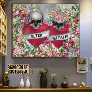 Skull Gothic Flowers Love Couple Personalized Canvas Gallery Wraps 18X12 Inches Canvass