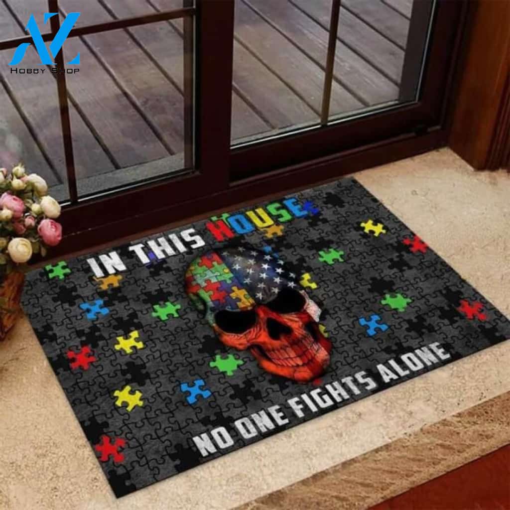Skull In This House No One Fights Alone Autism Awareness Doormat | Welcome Mat | House Warming Gift