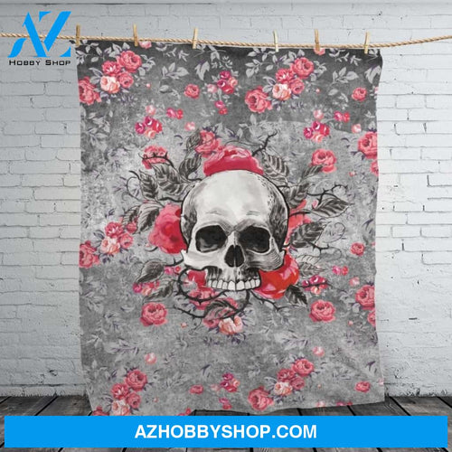 Skull Roses, Fleece Blanket - Sherpa Blanket, Birthday Gift, Gift For Boy, Gift For Halloween