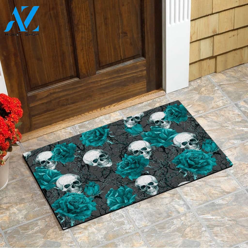 Skull With Flower Blue Doormat SK-DM-0Q24 Blue