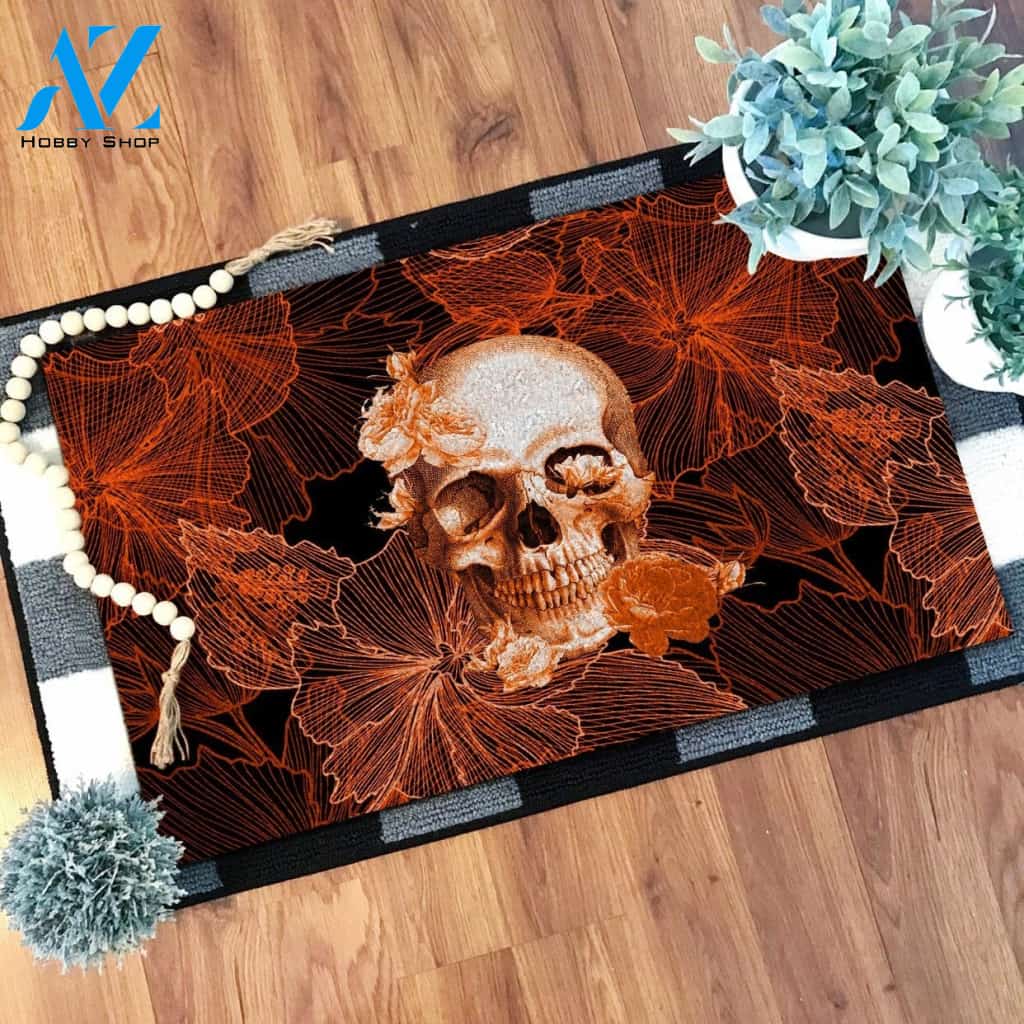 Skull With Flower Orange Doormat SK-DM-0Q27