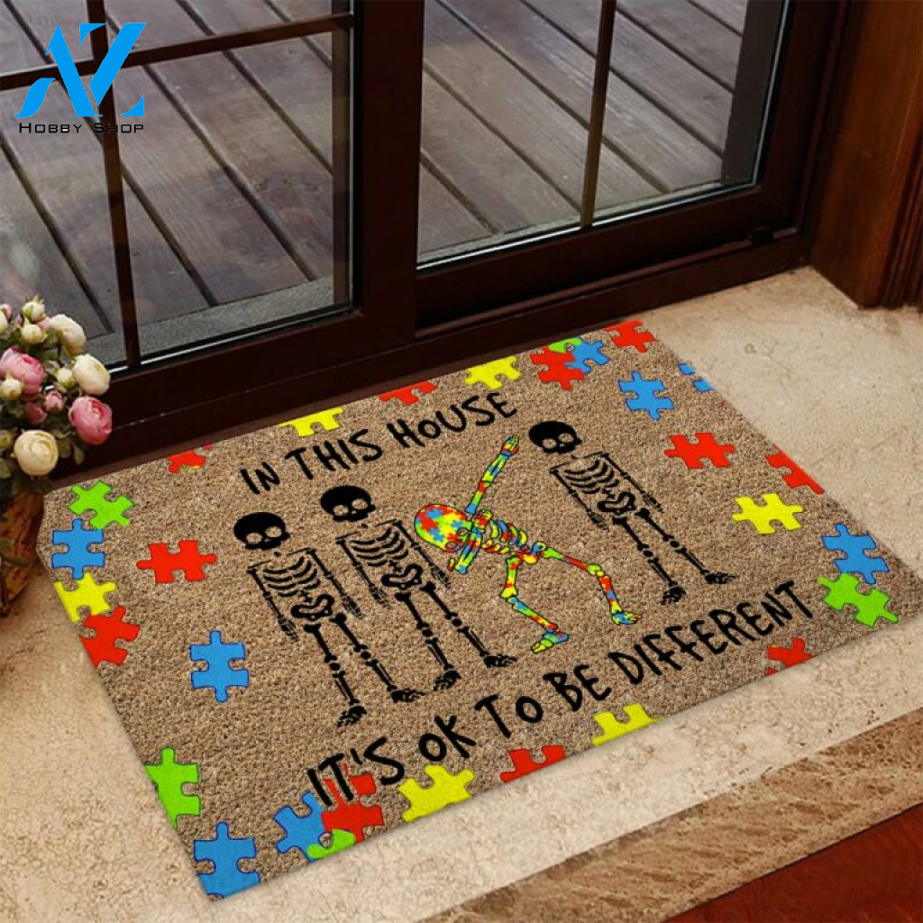 Skulls In This House It's Ok To Be Different Autism Awareness Coir Pattern Print Doormat | Welcome Mat | House Warming Gift