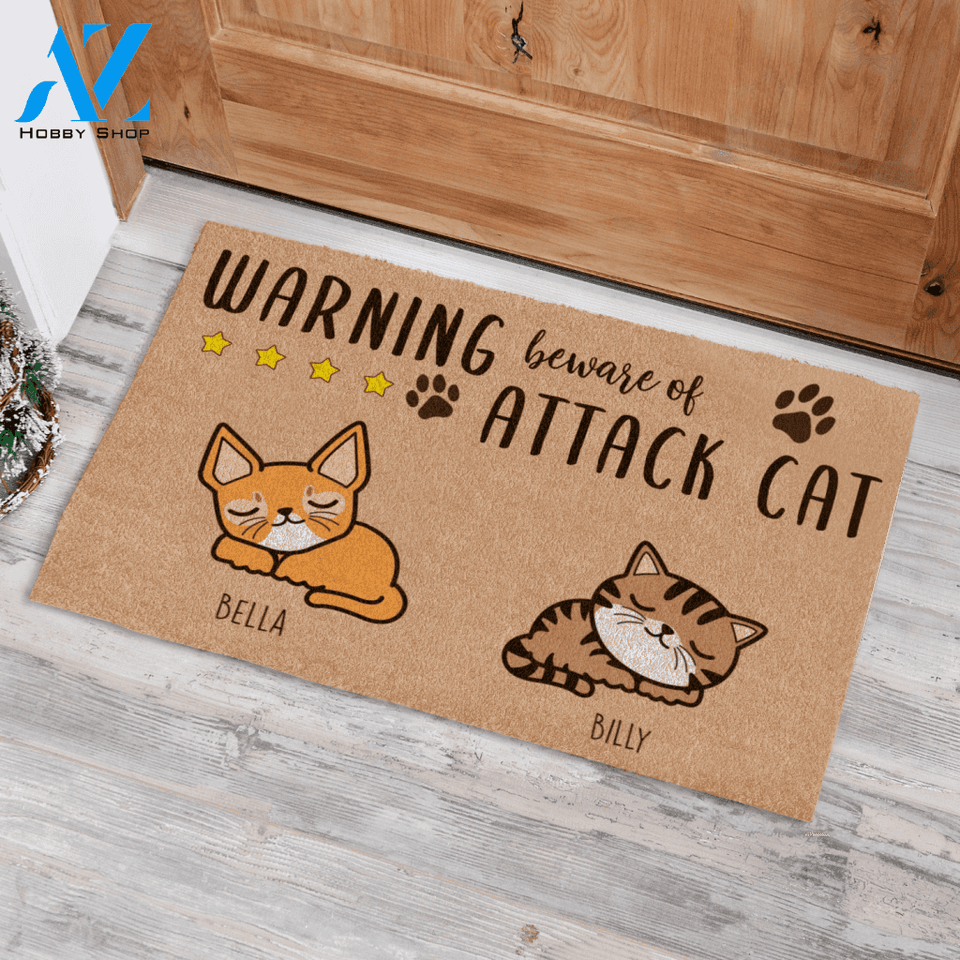 Sleeping Cat , Warning Beware Of Attack Cat Personalized Doormat TV