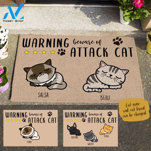 Sleeping Cat , Warning Beware Of Attack Cat Personalized Doormat TV