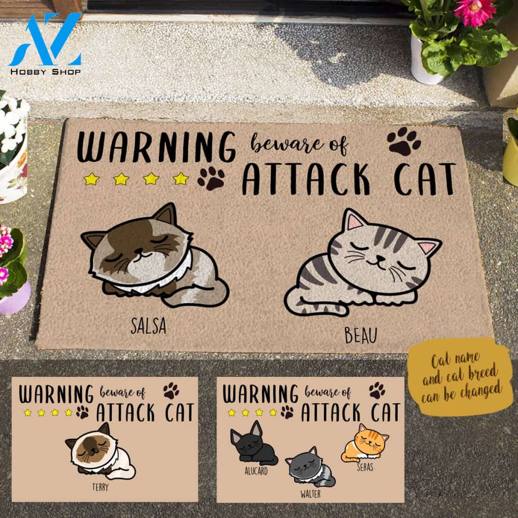 Sleeping Cat , Warning Beware Of Attack Cat Personalized Doormat TV
