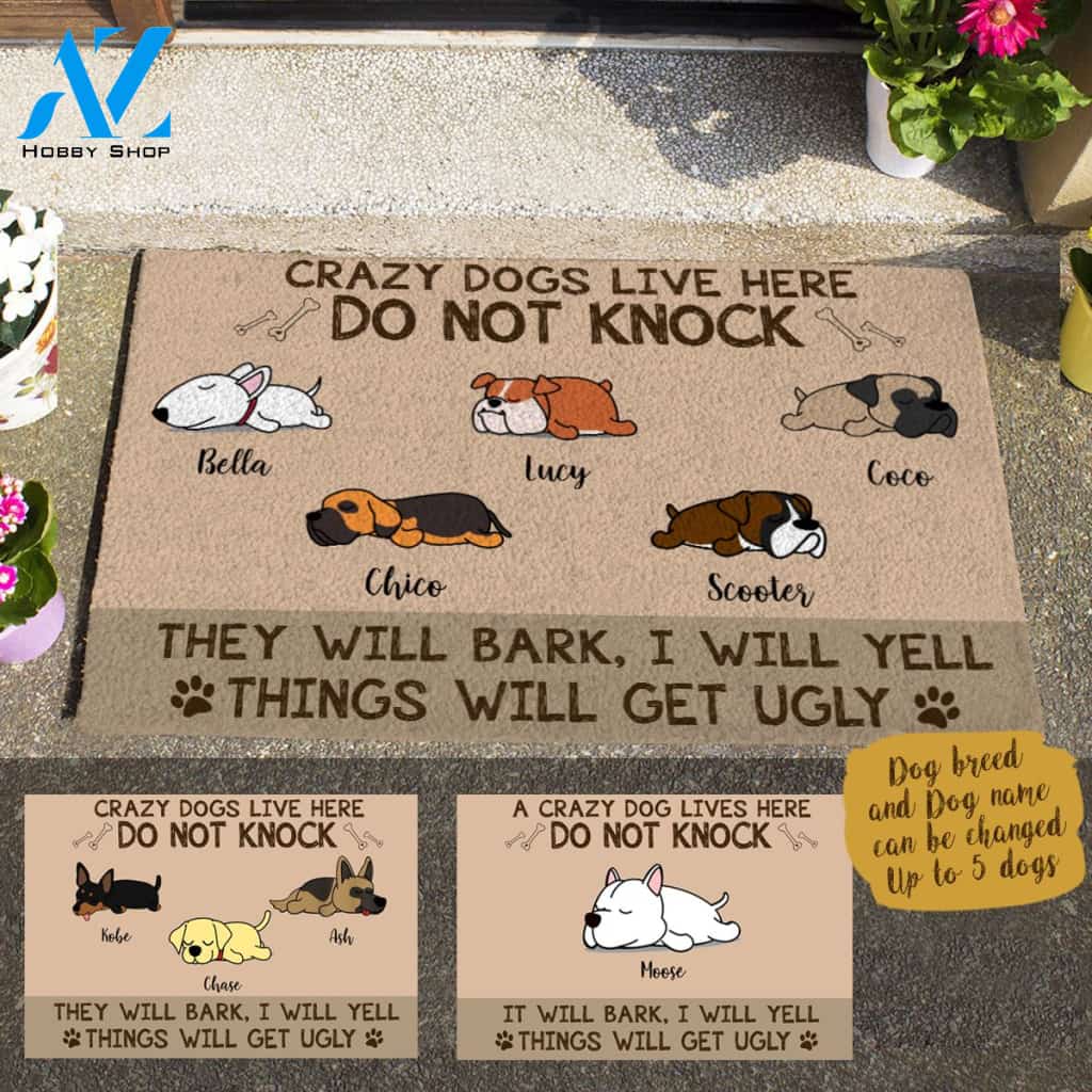 Sleeping Dog, Crazy Dogs Live Here Do Not Knock , Personalized Doormat HQ