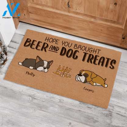Sleeping Dog Hope You Brought Beer And Dog Treats Custom Name Dog Printed Doormat Home Decor