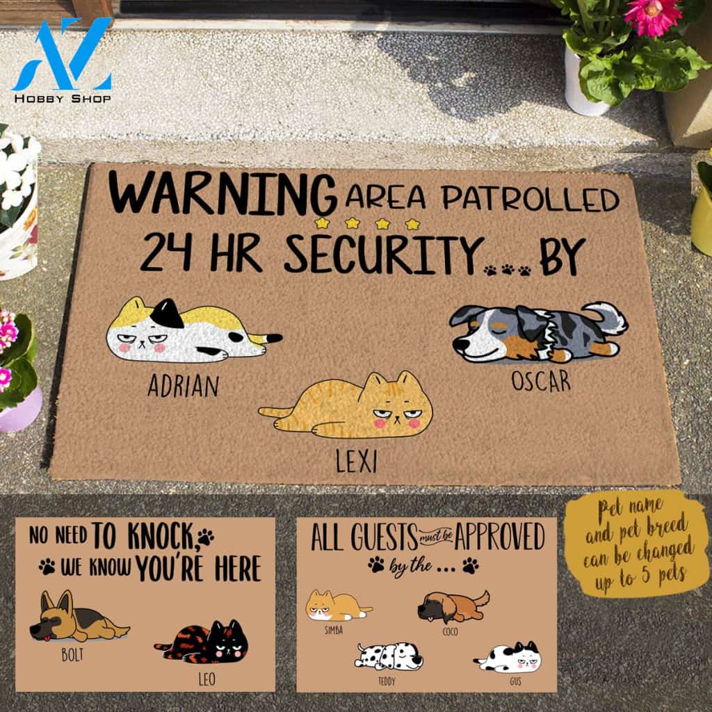 Sleeping Dog & Lazy Cat ,No Need To Knock We Know You Are Here | 24h Patrolled Area Dog Cat| All Guests Must Be Approved By... Personalized Doormat HQ