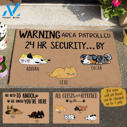 Sleeping Dog & Lazy Cat ,No Need To Knock We Know You Are Here | 24h Patrolled Area Dog Cat| All Guests Must Be Approved By... Personalized Doormat HQ